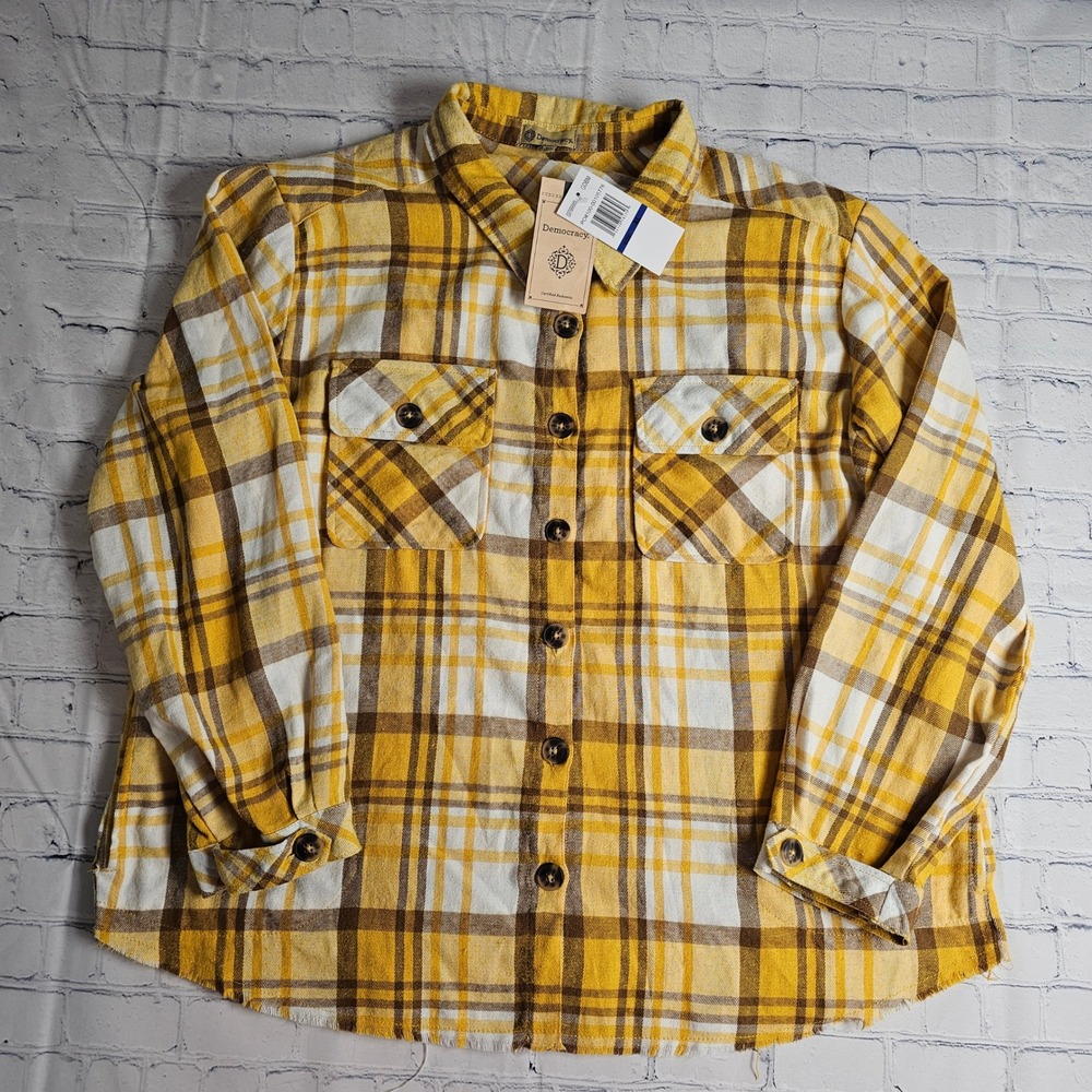 NEW Democracy Womens Plaid Button Down Shirt Yellow Brown Frayed Hem‎ XL